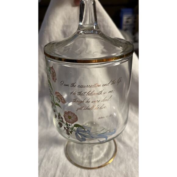 Vintage Floral, Gold Trimmed Glass Footed Candy Dish with Lid And Scripture - Picture 2 of 4